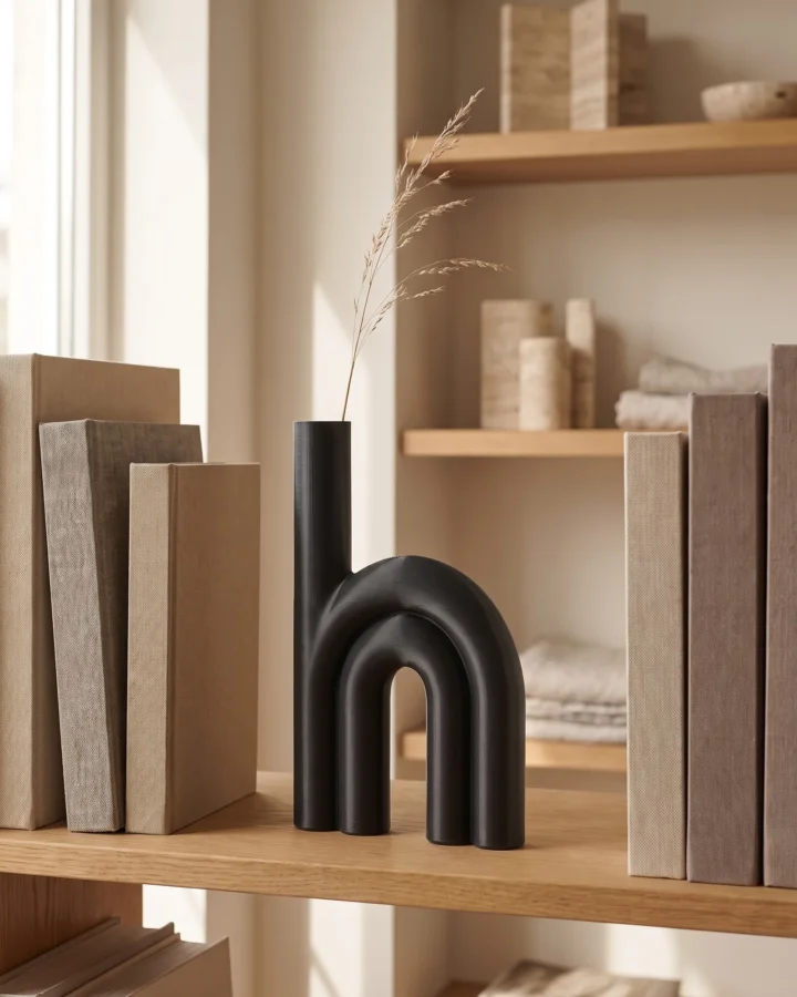Vaso di design a tubi Ponte color antracite sulla libreria, oggetto di design stampato in 3D in Italia - duedecimi