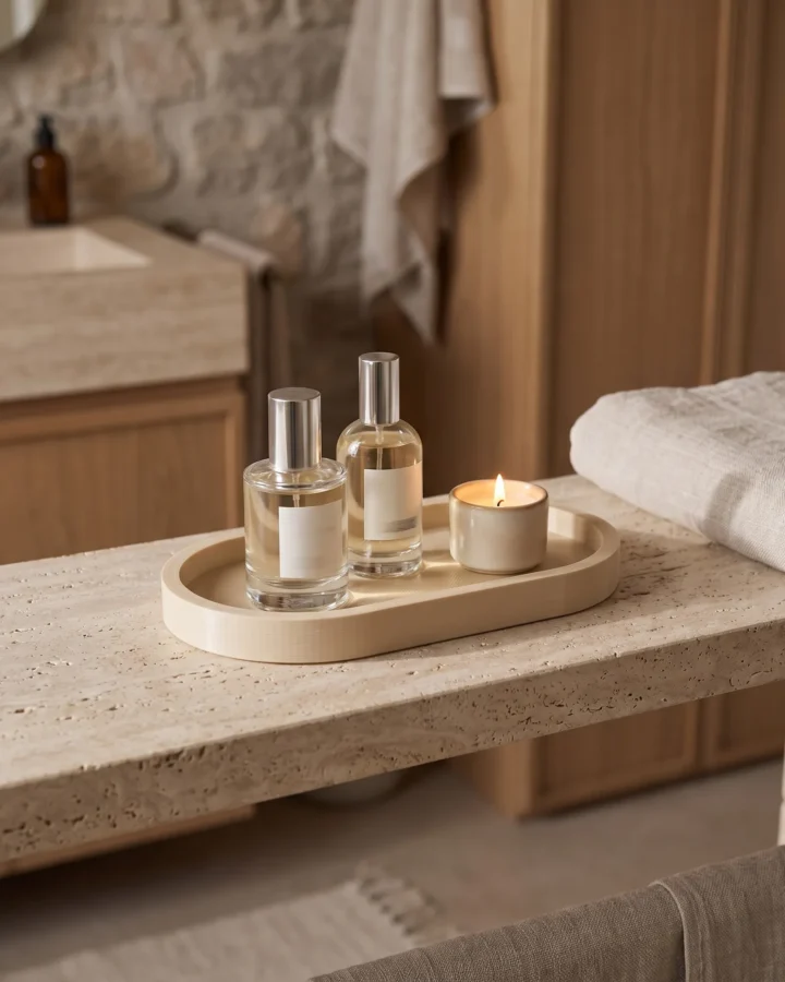Vassoio ovale Ellisse color sabbia in bagno, oggetto di design stampato in 3D in Italia - duedecimi